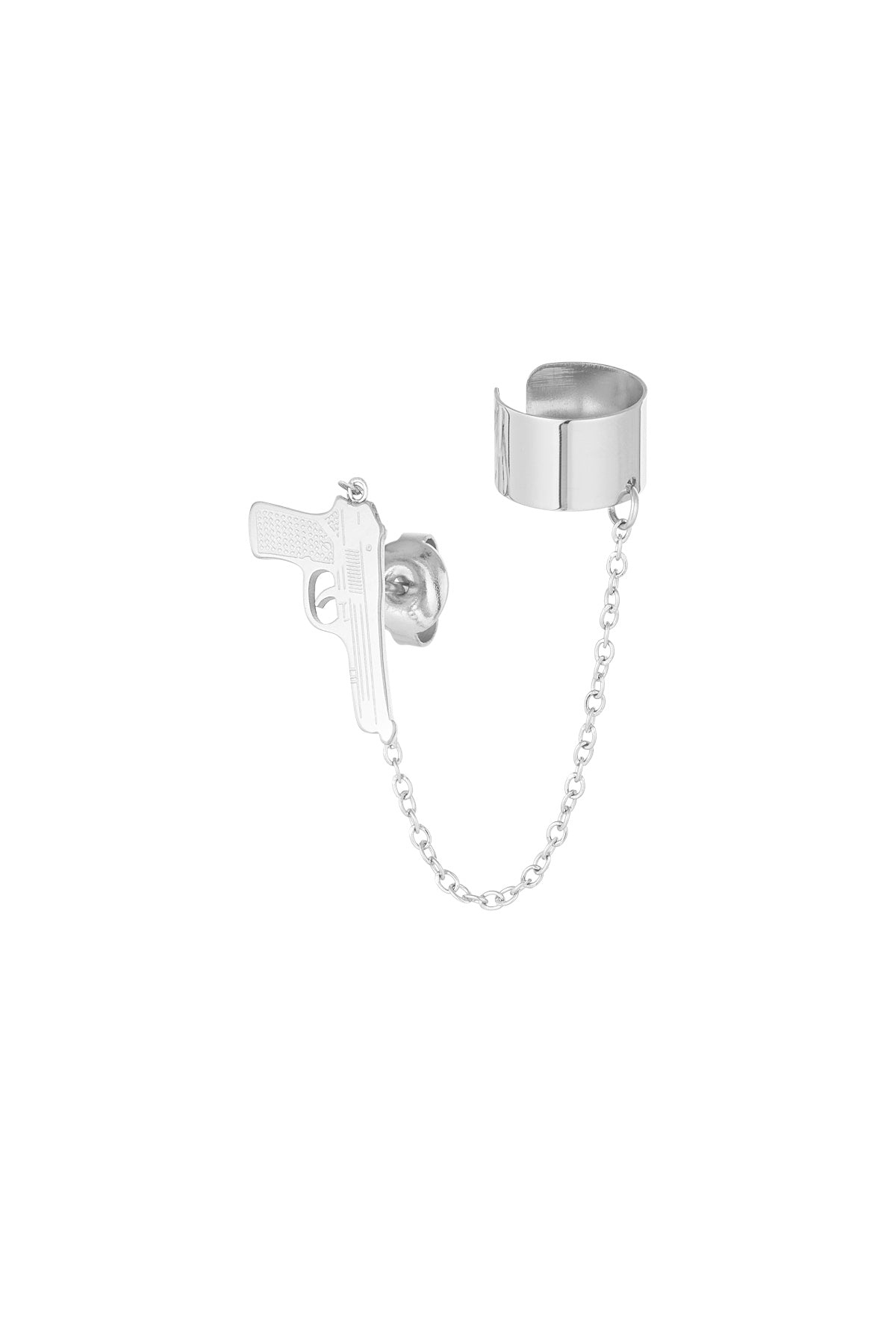 Oorbel met oor cuff "Gun", Zilver