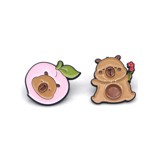 Set of 2 pins: Capybaras (peach&flowers)
